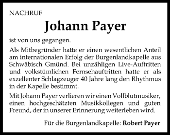 Traueranzeige von Johann Payer von Gmünder Tagespost