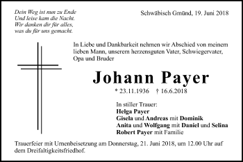 Traueranzeige von Johann Payer von Gmünder Tagespost