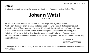 Traueranzeige von Johann Watzl von Schwäbische Post