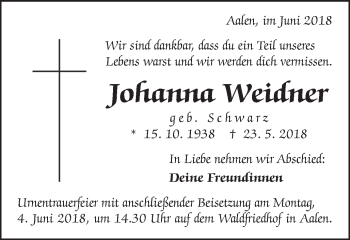Traueranzeige von Johanna Weidner von Schwäbische Post