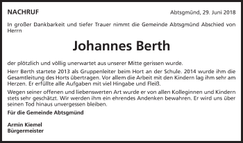 Traueranzeige von Johannes Berth von Schwäbische Post