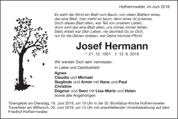 Traueranzeige von Josef Hermann von Schwäbische Post