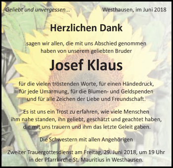 Traueranzeige von Josef Klaus von Schwäbische Post