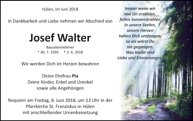 Traueranzeige für Josef Walter vom 06.06.2018 aus Schwäbische Post