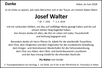 Traueranzeige von Josef Walter von Schwäbische Post