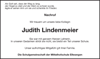 Traueranzeige von Judith Lindenmeier von Schwäbische Post