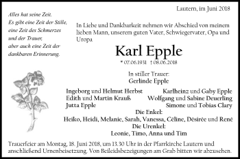 Traueranzeige von Karl Epple von Gmünder Tagespost