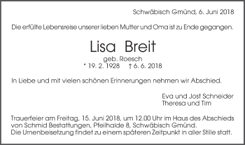 Traueranzeige von Lisa Breit von Gmünder Tagespost