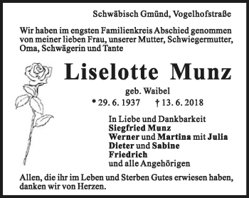 Traueranzeige von Liselotte Munz von Gmünder Tagespost