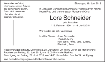 Traueranzeige von Lore Schneider von Schwäbische Post