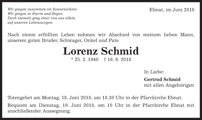  Traueranzeige für Lorenz Schmid vom 18.06.2018 aus Schwäbische Post