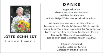 Traueranzeige von Lotte Schmiedt von Gmünder Tagespost