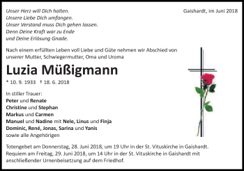 Traueranzeige von Luzia Müßigmann von Schwäbische Post