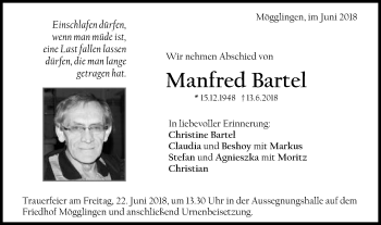 Traueranzeige von Manfred Bartel von Gmünder Tagespost