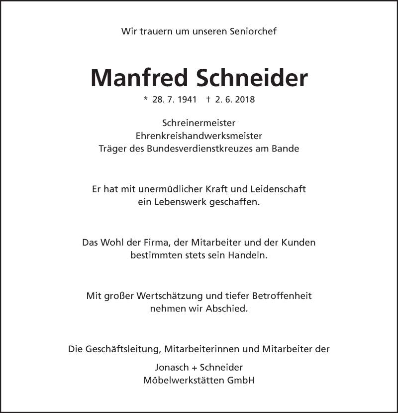  Traueranzeige für Manfred Schneider vom 08.06.2018 aus Schwäbische Post