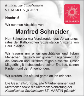 Traueranzeige von Manfred Schneider von Schwäbische Post