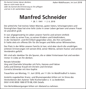 Traueranzeige von Manfred Schneider von Schwäbische Post