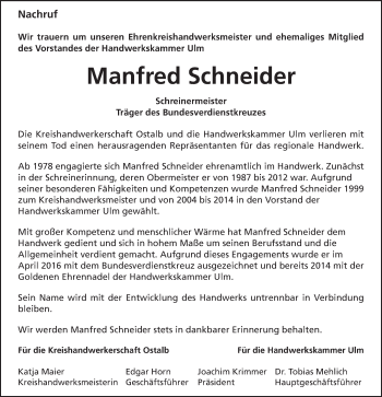 Traueranzeige von Manfred Schneider von Schwäbische Post