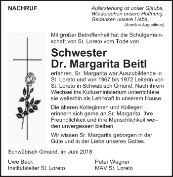 Traueranzeige von Margarita Beitl von Gmünder Tagespost