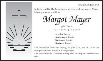 Traueranzeige von Margot Mayer von Schwäbische Post