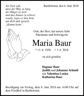 Traueranzeige von Maria Baur von Gmünder Tagespost