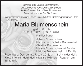 Traueranzeige von Maria Blumenschein von Schwäbische Post