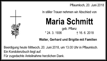 Traueranzeige von Maria Schmitt von Schwäbische Post