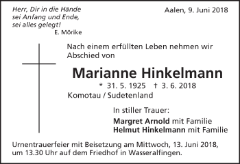Traueranzeige von Marianne Hinkelmann von Schwäbische Post