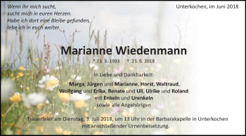 Traueranzeige von Marianne Wiedenmann von Schwäbische Post