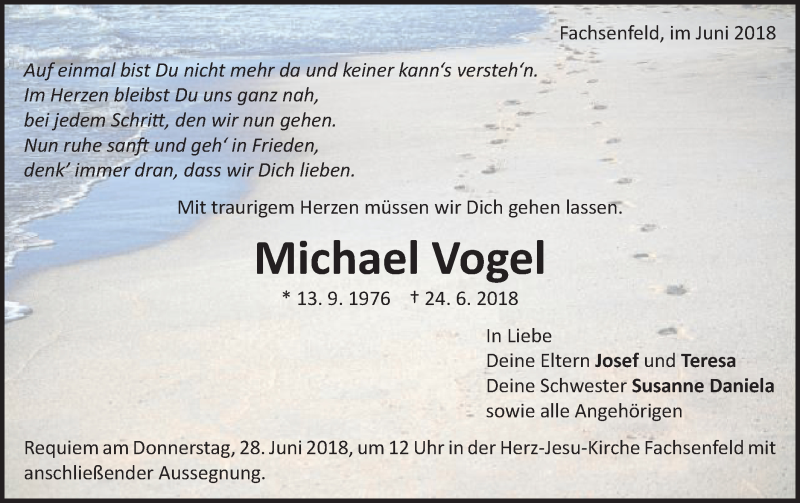  Traueranzeige für Michael Vogel vom 26.06.2018 aus Schwäbische Post