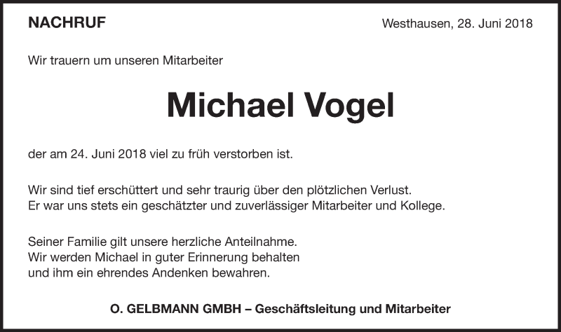  Traueranzeige für Michael Vogel vom 28.06.2018 aus Schwäbische Post