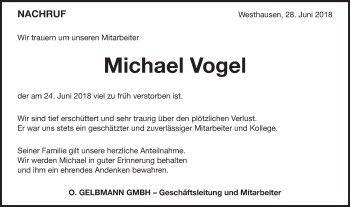 Traueranzeige von Michael Vogel von Schwäbische Post