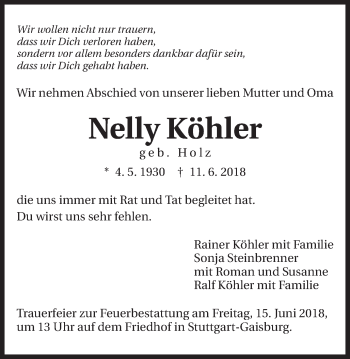Traueranzeige von Nelly Köhler von Schwäbische Post