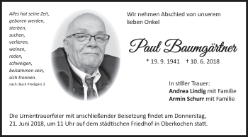 Traueranzeige von Paul Baumgärtner von Schwäbische Post