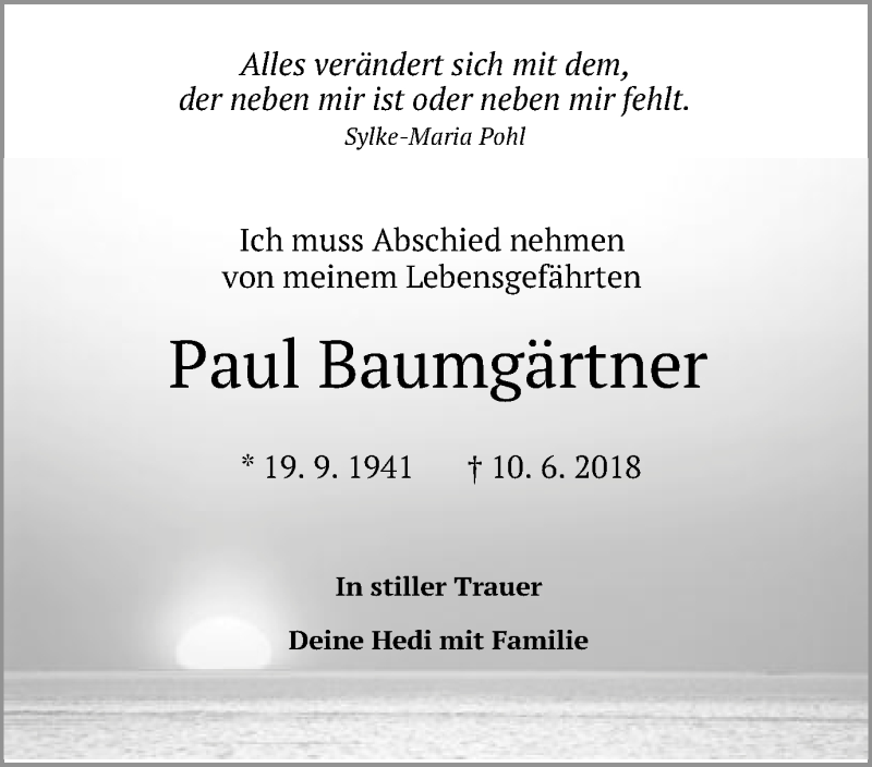  Traueranzeige für Paul Baumgärtner vom 19.06.2018 aus Schwäbische Post