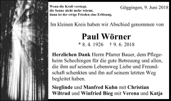 Traueranzeige von Paul Wörner von Gmünder Tagespost