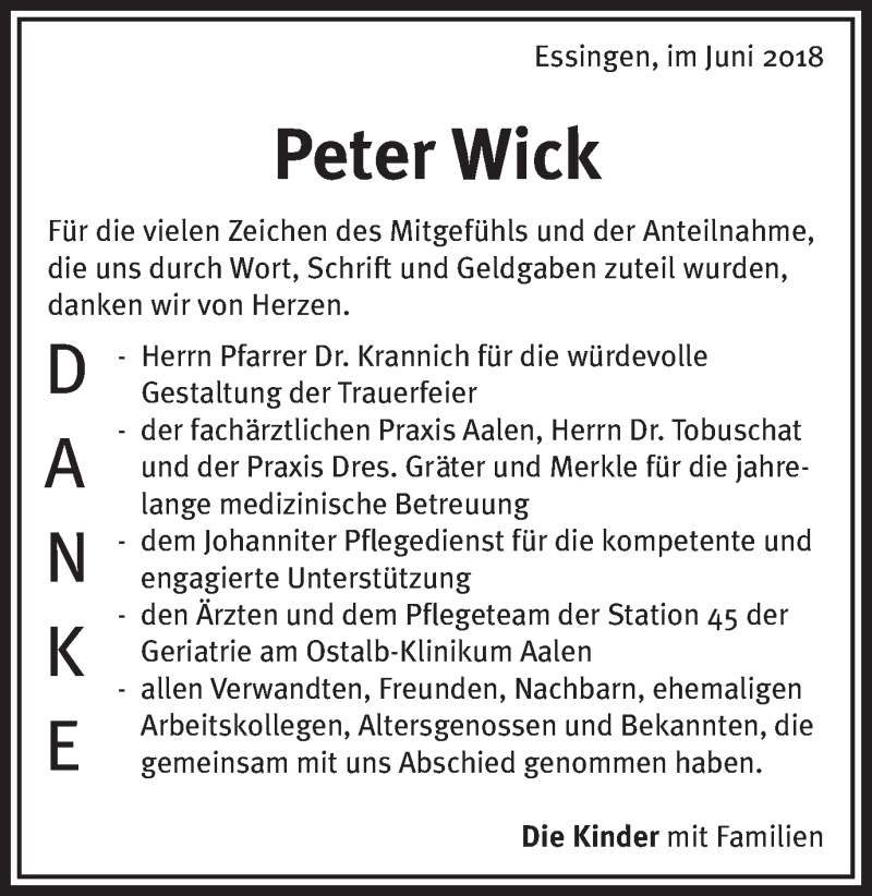  Traueranzeige für Peter Wick vom 08.06.2018 aus Schwäbische Post