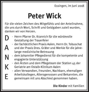 Traueranzeige von Peter Wick von Schwäbische Post