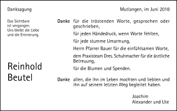 Traueranzeige von Reinhold Beutel von Gmünder Tagespost