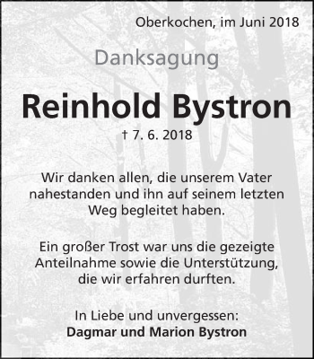 Traueranzeige von Reinhold Bystron von Schwäbische Post