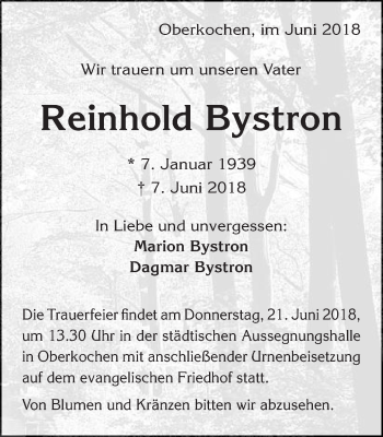 Traueranzeige von Reinhold Bystron von Amtsblatt_Oko