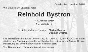 Traueranzeige von Reinhold Bystron von Schwäbische Post
