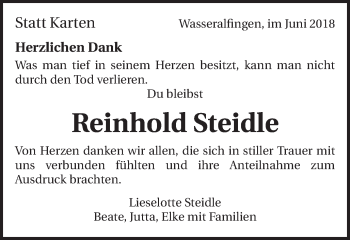Traueranzeige von Reinhold Steidle von Schwäbische Post