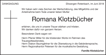 Traueranzeige von Romana Klotzbücher von Schwäbische Post