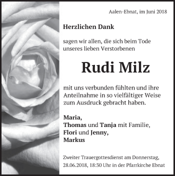 Traueranzeige von Rudi Milz von Schwäbische Post