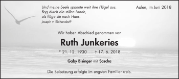 Traueranzeige von Ruth Junkeries von Schwäbische Post