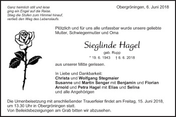 Traueranzeige von Sieglinde Hagel von Gmünder Tagespost