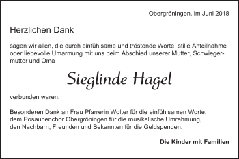 Traueranzeige von Sieglinde Hagel von Gmünder Tagespost