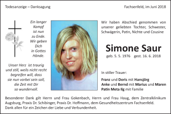 Traueranzeige von Simone Saur von Schwäbische Post
