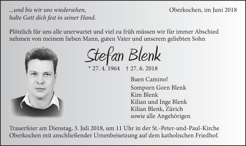 Traueranzeige für Stefan Blenk vom 30.06.2018 aus Schwäbische Post